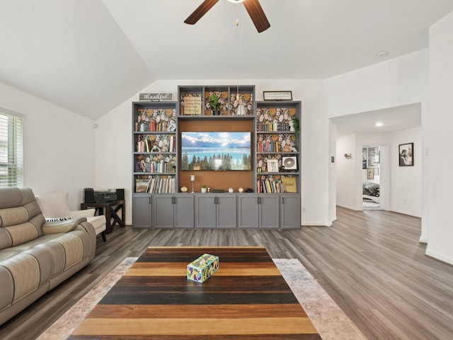 16129 Dockside St, Crosby, TX 77532 - living room featuring wood finished floors, a ceiling fan, and lofted ceiling