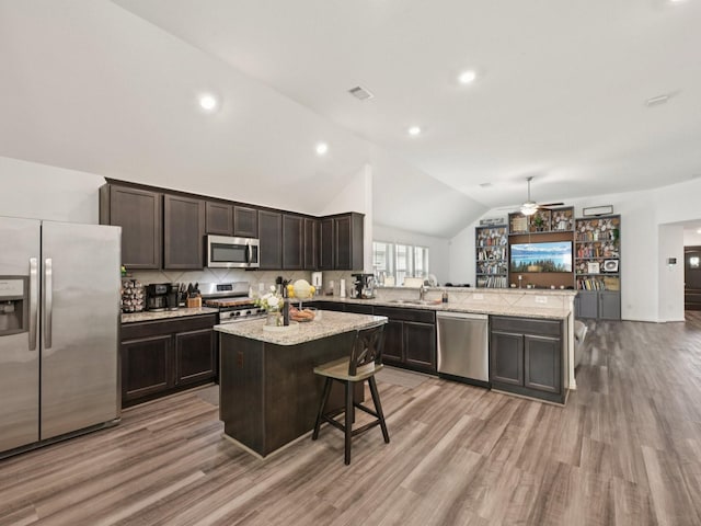 16129 Dockside St, Crosby, TX 77532 - kitchen with stainless steel appliances, a peninsula, lofted ceiling, dark brown cabinets, and ceiling fan
