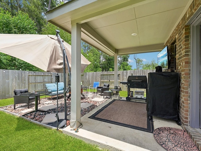 16129 Dockside St, Crosby, TX 77532 - fenced backyard featuring a patio, grilling area, and an outdoor living space