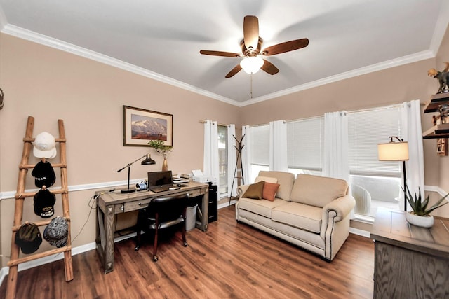 1503 Pine Ridge Ln, Pearland, TX 77581 - office with ceiling fan, wood finished floors, and ornamental molding