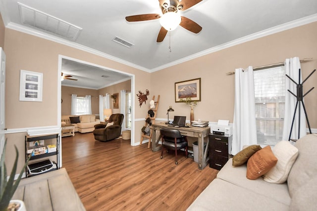 1503 Pine Ridge Ln, Pearland, TX 77581 - office space featuring wood finished floors, a ceiling fan, and ornamental molding