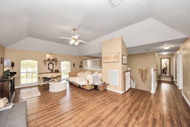 1503 Pine Ridge Ln, Pearland, TX 77581 - bedroom featuring wood finished floors, vaulted ceiling, and ceiling fan