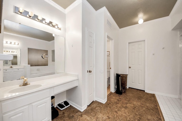 1503 Pine Ridge Ln, Pearland, TX 77581 - bathroom featuring crown molding and vanity