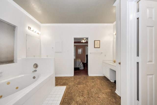 1503 Pine Ridge Ln, Pearland, TX 77581 - ensuite bathroom with vanity, a jetted tub, crown molding, and a ceiling fan