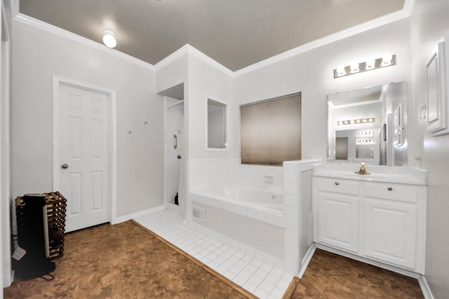 1503 Pine Ridge Ln, Pearland, TX 77581 - bathroom featuring crown molding, a garden tub, vanity, a shower, and tile patterned floors