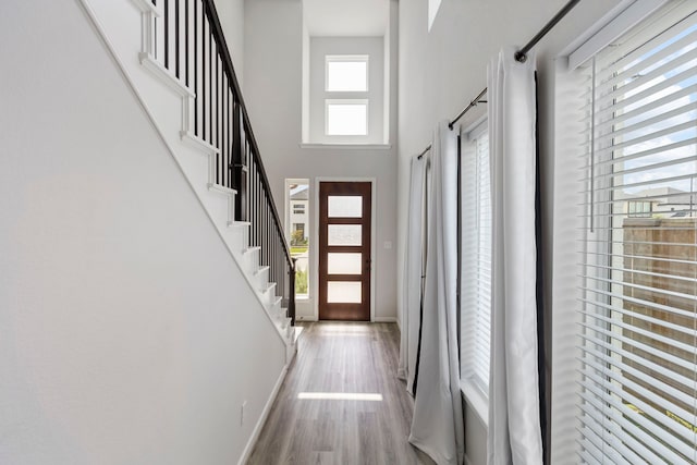 8722 Riverton Ridge Rd, Cypress, TX 77433 - entryway with a towering ceiling, wood finished floors, and stairway