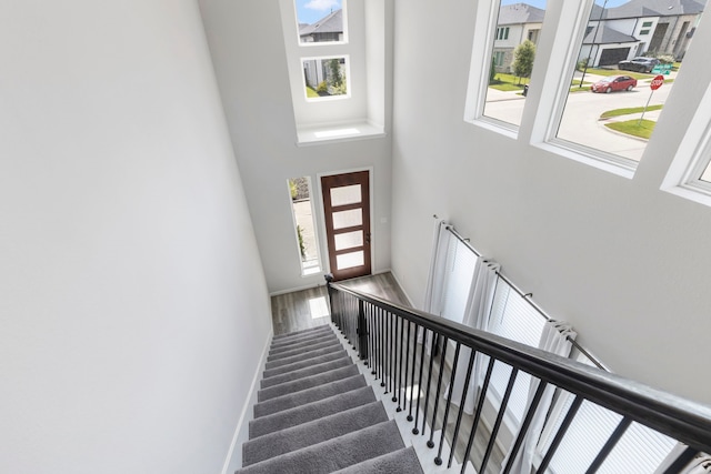 8722 Riverton Ridge Rd, Cypress, TX 77433 - stairway featuring a towering ceiling, plenty of natural light, and wood finished floors