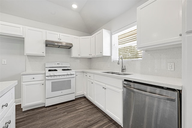 639 Ames St, Spring, TX 77373 - kitchen with white gas range, stainless steel dishwasher, under cabinet range hood, vaulted ceiling, and white cabinetry