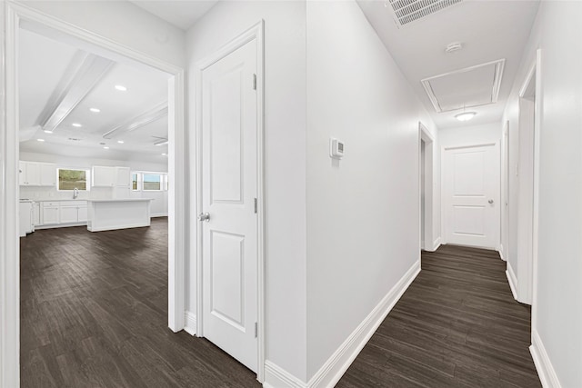 639 Ames St, Spring, TX 77373 - hall featuring attic access, dark wood-style floors, and recessed lighting