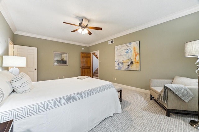 6019 Oak Creek Ln, Spring, TX 77379 - bedroom with ornamental molding, carpet floors, and ceiling fan