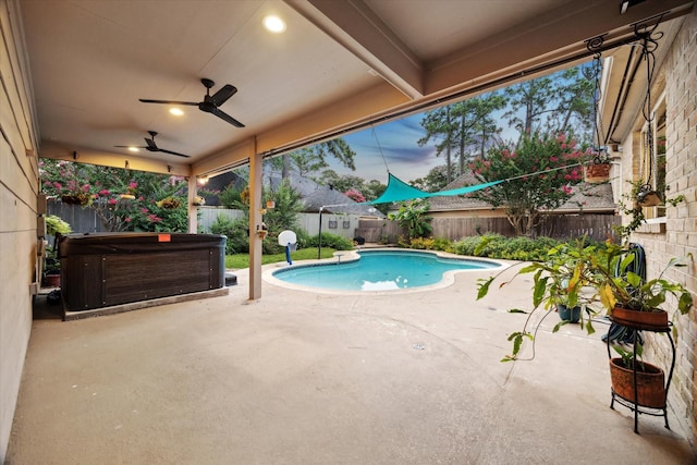 6019 Oak Creek Ln, Spring, TX 77379 - view of pool featuring a hot tub, a patio, a fenced backyard, and a ceiling fan
