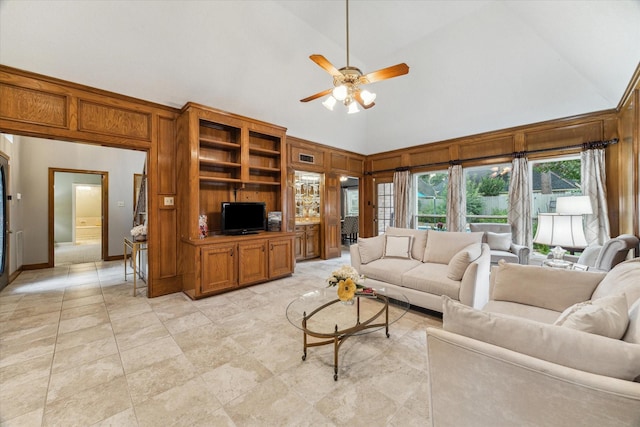 6019 Oak Creek Ln, Spring, TX 77379 - living room with high vaulted ceiling and ceiling fan
