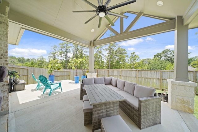 2849 Terrace Grove Dr, Conroe, TX 77304 - fenced backyard featuring an outdoor hangout area, ceiling fan, a patio area, and a gazebo