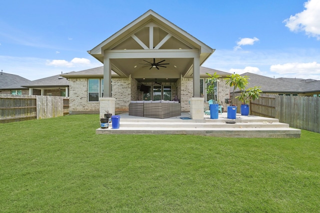2849 Terrace Grove Dr, Conroe, TX 77304 - rear view of house with a ceiling fan, a fenced backyard, an outdoor hangout area, and brick siding