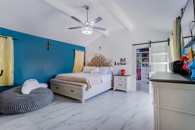 11906 Rowood Dr, Houston, TX 77070 - bedroom featuring a barn door, light marble finish flooring, a walk in closet, a closet, and ceiling fan