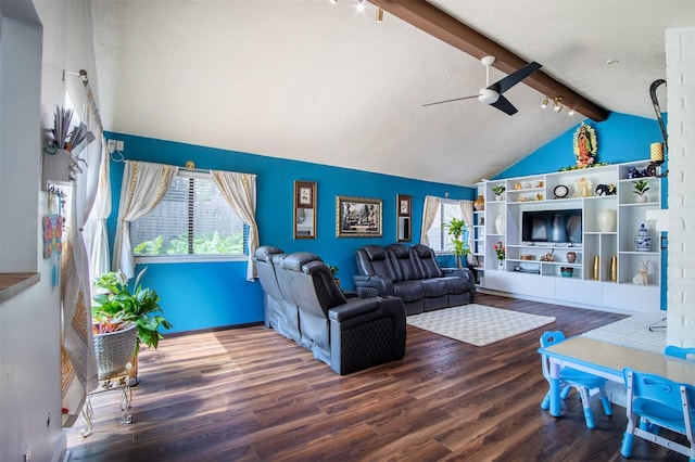 11906 Rowood Dr, Houston, TX 77070 - living area with wood finished floors, beam ceiling, a ceiling fan, and high vaulted ceiling