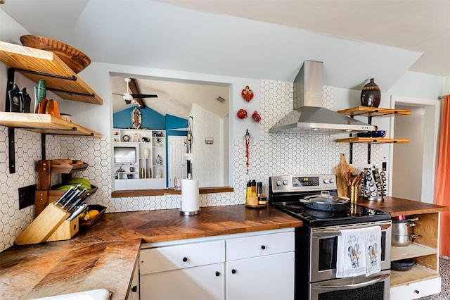 11906 Rowood Dr, Houston, TX 77070 - kitchen with open shelves, wall chimney exhaust hood, electric stove, butcher block countertops, and vaulted ceiling