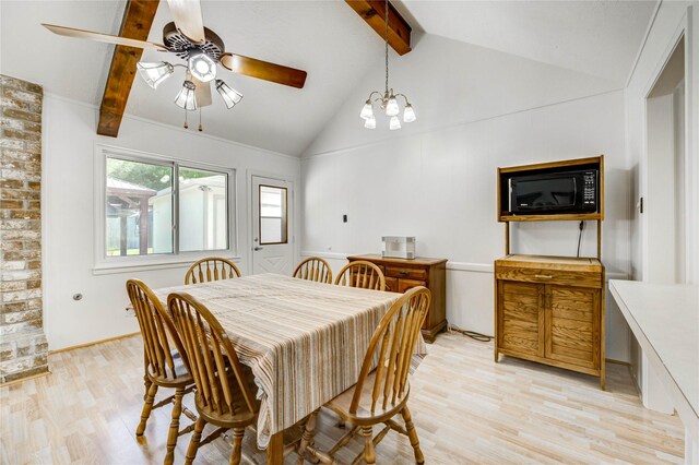 12327 Meadowhollow Dr, Meadows Place, TX 77477 - dining area featuring beamed ceiling, light wood-style flooring, ceiling fan, high vaulted ceiling, and a chandelier