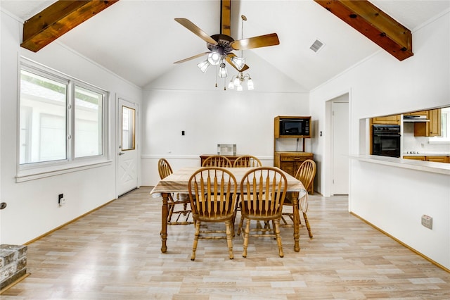 12327 Meadowhollow Dr, Meadows Place, TX 77477 - dining space with light wood-style flooring, beam ceiling, a ceiling fan, and high vaulted ceiling