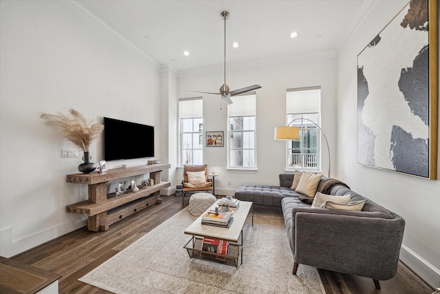8764 Park Kolbe Ln, Houston, TX 77080 - living room featuring ornamental molding, wood finished floors, ceiling fan, and recessed lighting