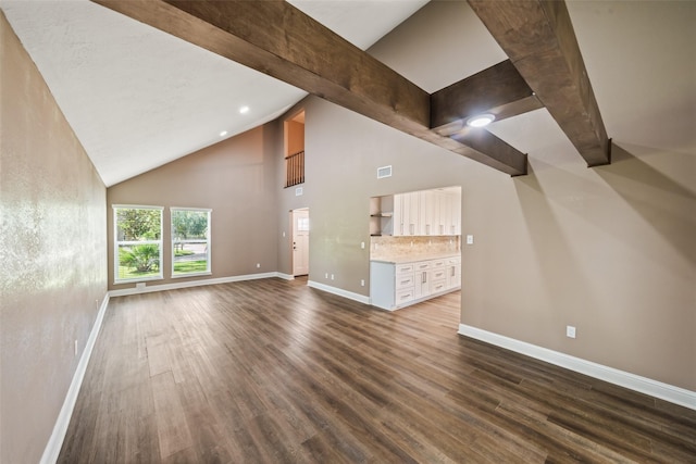 3019 Ramblewood Rd, Montgomery, TX 77356 - unfurnished living room with dark wood finished floors, high vaulted ceiling, and recessed lighting