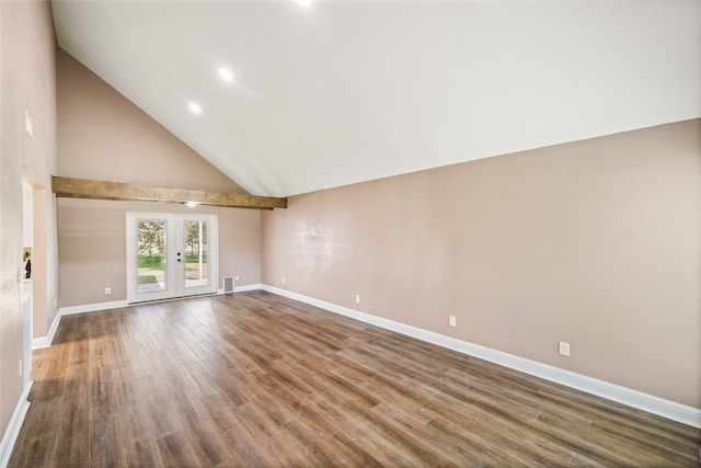 3019 Ramblewood Rd, Montgomery, TX 77356 - unfurnished living room with french doors, wood finished floors, high vaulted ceiling, and recessed lighting