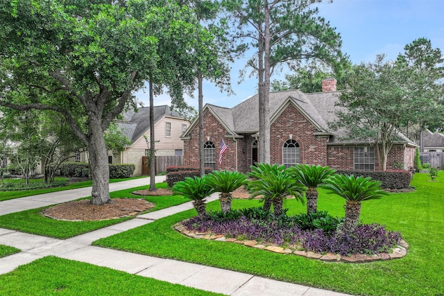 3519 E Pine Brook Way, Houston, TX 77059 - view of front of home with brick siding, a chimney, and a shingled roof