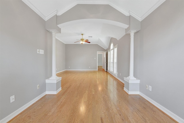 3519 E Pine Brook Way, Houston, TX 77059 - empty room featuring ceiling fan, lofted ceiling, ornate columns, and light wood finished floors