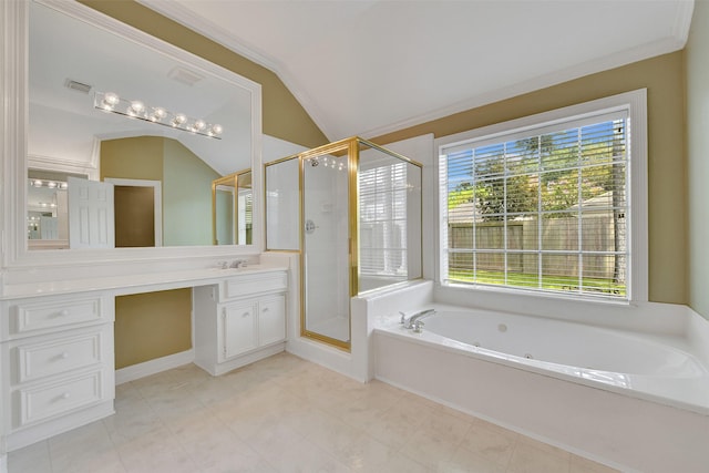 3519 E Pine Brook Way, Houston, TX 77059 - bathroom with vaulted ceiling, a whirlpool tub, vanity, and a shower stall