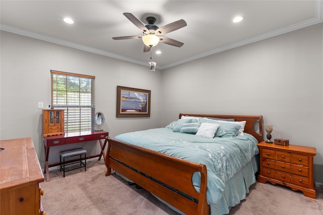 16887 Balmoral St, Montgomery, TX 77316 - carpeted bedroom with recessed lighting, ornamental molding, and ceiling fan