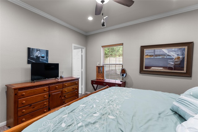 16887 Balmoral St, Montgomery, TX 77316 - bedroom with ornamental molding, a ceiling fan, and recessed lighting