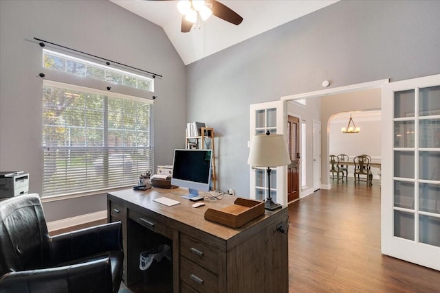 5822 Bailey Springs Ct, Katy, TX 77450 - home office featuring ceiling fan, wood finished floors, a chandelier, and high vaulted ceiling