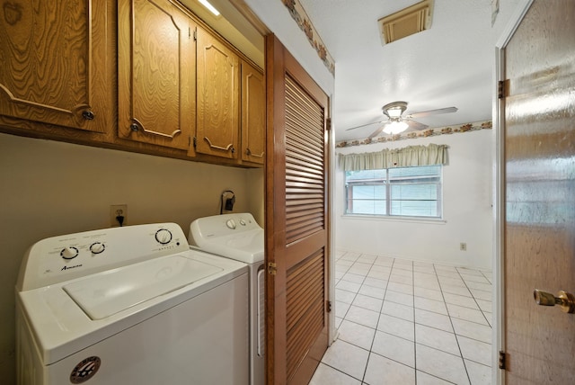 9506 Kell Cir, Houston, TX 77040 - washroom with independent washer and dryer, cabinet space, ceiling fan, and light tile patterned floors