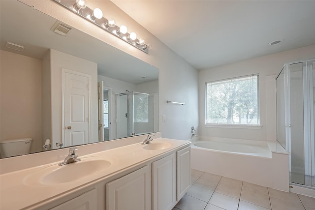 14 Scenic Brook Ct, The Woodlands, TX 77382 - bathroom with a bath, a stall shower, double vanity, and tile patterned flooring