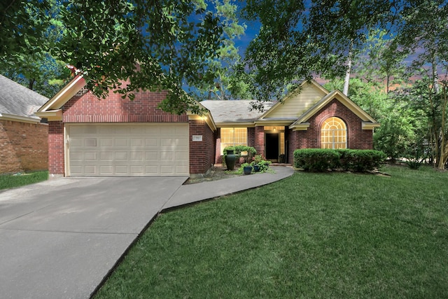 70 N Lace Arbor Dr, The Woodlands, TX 77382 - ranch-style home with driveway, an attached garage, brick siding, and a front lawn