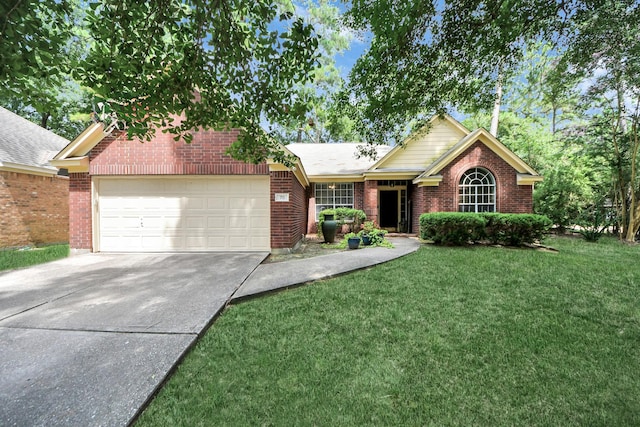 70 N Lace Arbor Dr, The Woodlands, TX 77382 - single story home featuring driveway, a garage, brick siding, and a front yard