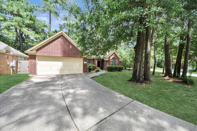 70 N Lace Arbor Dr, The Woodlands, TX 77382 - single story home featuring brick siding, driveway, a front yard, and an attached garage