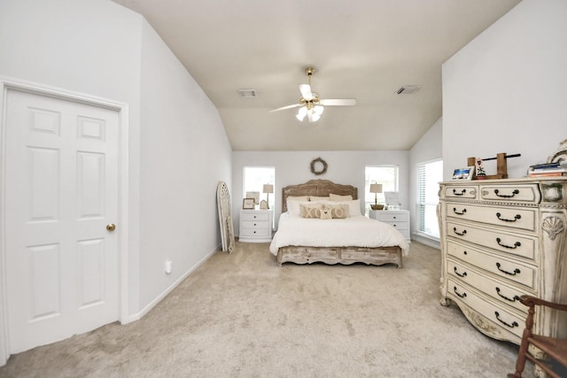 70 N Lace Arbor Dr, The Woodlands, TX 77382 - bedroom with light carpet, lofted ceiling, multiple windows, and ceiling fan