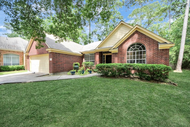70 N Lace Arbor Dr, The Woodlands, TX 77382 - ranch-style house with brick siding, a front yard, a garage, and concrete driveway