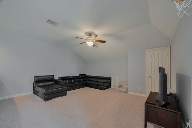 4006 Lanark Ln, Houston, TX 77025 - carpeted living room featuring vaulted ceiling and a ceiling fan