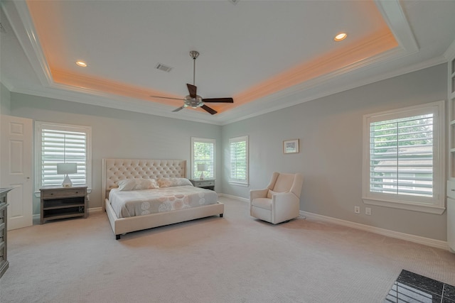 4006 Lanark Ln, Houston, TX 77025 - bedroom with a tray ceiling, crown molding, light colored carpet, recessed lighting, and a ceiling fan