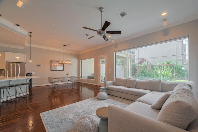 4006 Lanark Ln, Houston, TX 77025 - living room featuring crown molding, dark wood-style flooring, a ceiling fan, a textured ceiling, and a chandelier