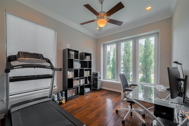 4006 Lanark Ln, Houston, TX 77025 - office featuring hardwood / wood-style floors, ceiling fan, recessed lighting, and crown molding