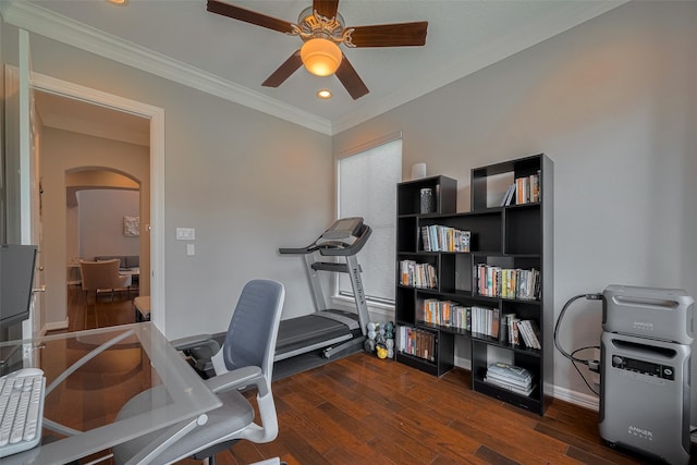4006 Lanark Ln, Houston, TX 77025 - office area featuring arched walkways, ceiling fan, crown molding, wood finished floors, and recessed lighting
