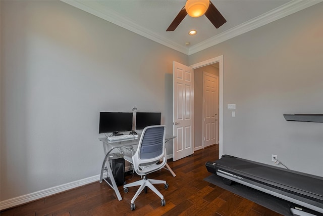 4006 Lanark Ln, Houston, TX 77025 - office area featuring ornamental molding, a ceiling fan, wood finished floors, and recessed lighting