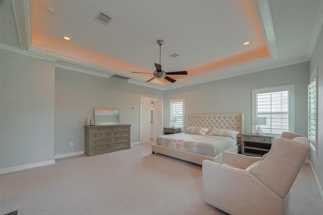 4006 Lanark Ln, Houston, TX 77025 - bedroom featuring a tray ceiling, crown molding, multiple windows, recessed lighting, and carpet