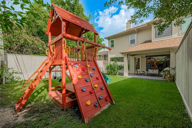 4006 Lanark Ln, Houston, TX 77025 - view of jungle gym with a fenced backyard, an outdoor living space, a ceiling fan, and a patio area
