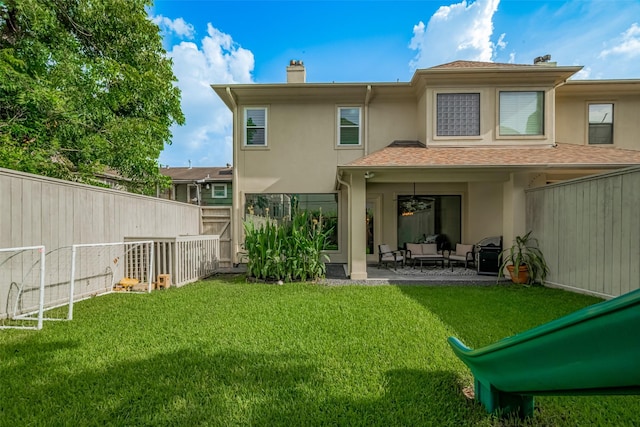4006 Lanark Ln, Houston, TX 77025 - rear view of house with stucco siding, a chimney, a fenced backyard, an outdoor hangout area, and a patio area