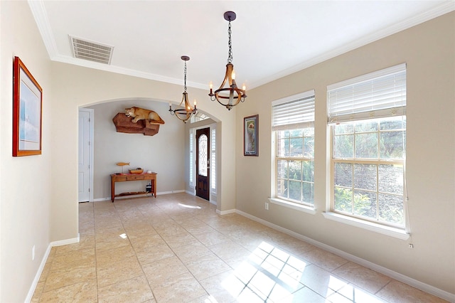 17315 Cumberland Park Ln, Humble, TX 77346 - unfurnished dining area featuring arched walkways, a chandelier, ornamental molding, and light tile patterned floors