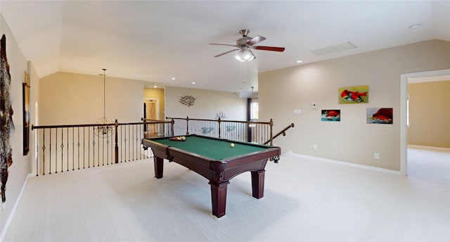 17315 Cumberland Park Ln, Humble, TX 77346 - rec room featuring a ceiling fan, light carpet, lofted ceiling, pool table, and recessed lighting